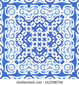 Antique azulejo tiles patchworks. Set of vector seamless patterns. Original design. Blue spain and portuguese decor for bags, smartphone cases, T-shirts, linens or scrapbooking.