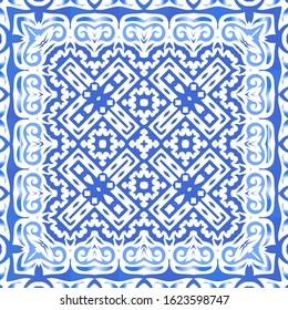 Antique azulejo tiles patchworks. Set of vector seamless patterns. Original design. Blue spain and portuguese decor for bags, smartphone cases, T-shirts, linens or scrapbooking.