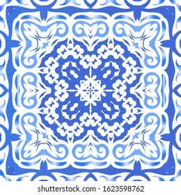 Antique azulejo tiles patchworks. Set of vector seamless patterns. Original design. Blue spain and portuguese decor for bags, smartphone cases, T-shirts, linens or scrapbooking.