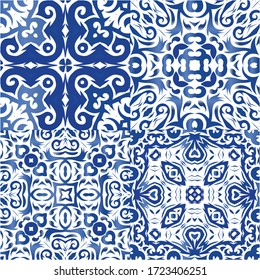 Baldosas de azulejo de época. Conjunto de patrones sin fisuras vectoriales. El diseño del cuarto de baño. Espalda azul y decoración portuguesa para bolsas, estuches para smartphones, camisetas, ropa de cama o rayado.