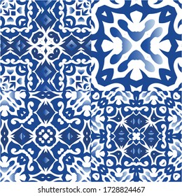 Azulejos antiguos. Conjunto de patrones vectoriales sin fisuras. Diseño gráfico. España azul y decoración portuguesa para bolsas, estuches para smartphones, camisetas, ropa de cama o scrapbooking.