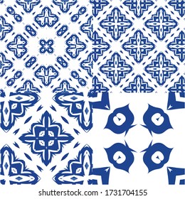 Antique azulejo tiles patchworks. Set of vector seamless patterns. Kitchen design. Blue spain and portuguese decor for bags, smartphone cases, T-shirts, linens or scrapbooking.