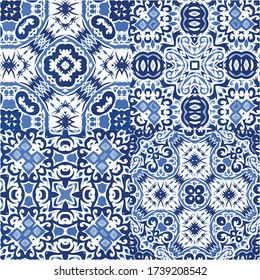 Azulejos antiguos. Conjunto de patrones vectoriales sin fisuras. Diseño dibujado a mano. España azul y decoración portuguesa para bolsas, estuches para smartphones, camisetas, ropa de cama o scrapbooking.