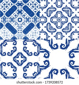 Antique azulejo tiles patchworks. Set of vector seamless patterns. Geometric design. Blue spain and portuguese decor for bags, smartphone cases, T-shirts, linens or scrapbooking.