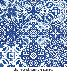 Antique azulejo tiles patchworks. Set of vector seamless patterns. Geometric design. Blue spain and portuguese decor for bags, smartphone cases, T-shirts, linens or scrapbooking.