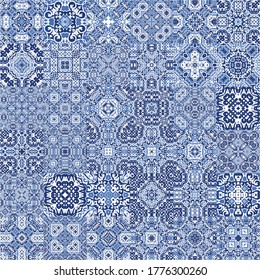 Antique azulejo tiles patchworks. Set of vector seamless patterns. Geometric design. Blue spain and portuguese decor for bags, smartphone cases, T-shirts, linens or scrapbooking.