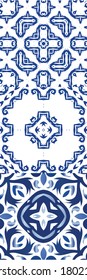 Antique azulejo tiles patchworks. Set of vector seamless patterns. Minimal design. Blue spain and portuguese decor for bags, smartphone cases, T-shirts, linens or scrapbooking.