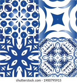 Antique azulejo tiles patchworks. Set of vector seamless patterns. Colored design. Blue spain and portuguese decor for bags, smartphone cases, T-shirts, linens or scrapbooking.