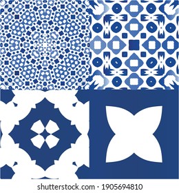 Antique azulejo tiles patchworks. Set of vector seamless patterns. Fashionable design. Blue spain and portuguese decor for bags, smartphone cases, T-shirts, linens or scrapbooking.
