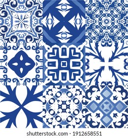 Azulejos antiguos. Conjunto de patrones vectoriales sin fisuras. El diseño del cuarto de baño. España azul y decoración portuguesa para bolsas, estuches para smartphones, camisetas, ropa de cama o scrapbooking.