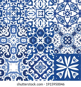 Antique azulejo tiles patchworks. Set of vector seamless patterns. Original design. Blue spain and portuguese decor for bags, smartphone cases, T-shirts, linens or scrapbooking.