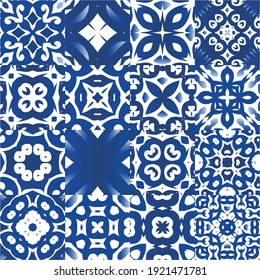 Antique azulejo tiles patchworks. Set of vector seamless patterns. Modern design. Blue spain and portuguese decor for bags, smartphone cases, T-shirts, linens or scrapbooking.