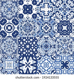 Antique azulejo tiles patchworks. Set of vector seamless patterns. Kitchen design. Blue spain and portuguese decor for bags, smartphone cases, T-shirts, linens or scrapbooking.