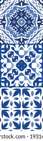 Antique azulejo tiles patchworks. Set of vector seamless patterns. Geometric design. Blue spain and portuguese decor for bags, smartphone cases, T-shirts, linens or scrapbooking.