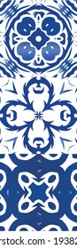 Antique azulejo tiles patchworks. Set of vector seamless patterns. Kitchen design. Blue spain and portuguese decor for bags, smartphone cases, T-shirts, linens or scrapbooking.