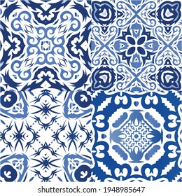 Antique azulejo tiles patchworks. Set of vector seamless patterns. Creative design. Blue spain and portuguese decor for bags, smartphone cases, T-shirts, linens or scrapbooking.