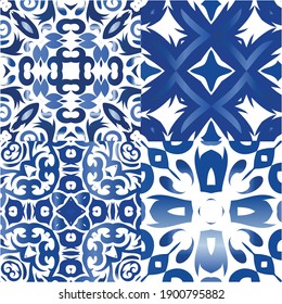 Antique azulejo tiles patchworks. Stylish design. Collection of vector seamless patterns. Blue spain and portuguese decor for bags, smartphone cases, T-shirts, linens or scrapbooking.