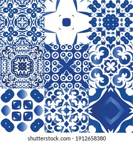 Antique azulejo tiles patchworks. Universal design. Collection of vector seamless patterns. Blue spain and portuguese decor for bags, smartphone cases, T-shirts, linens or scrapbooking.