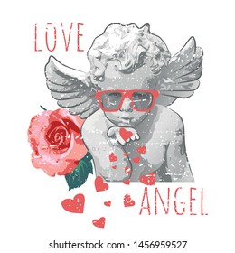 antique baby angel statue and rose illustration with  typography slogan for Tshirt Graphic Vector Print - Vector