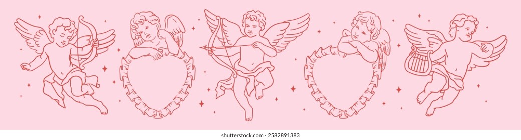 Antique Baby Cupid Set. Vintage cute angels with harp, bow, arrow, pillow in whimsical coquette doodle style. Hand-drawn line clipart of cherub Greek statue for wedding invitations, menus, posters.