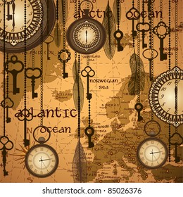 地図と時計のあるアンティークな背景 のベクター画像素材 ロイヤリティフリー Shutterstock