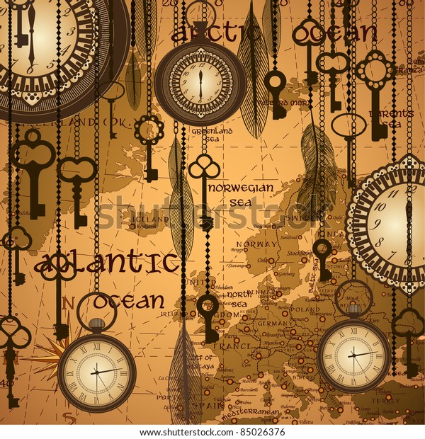 地図と時計のあるアンティークな背景 のベクター画像素材 ロイヤリティフリー