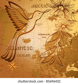 Antique background with map and hummingbird silhouette