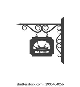 Antique bakery metal signage with fresh croissant dessert isolated forged billboard. Vector bread signboard with metal chain and forged ornaments, pastry food store. Baked food retro sign board