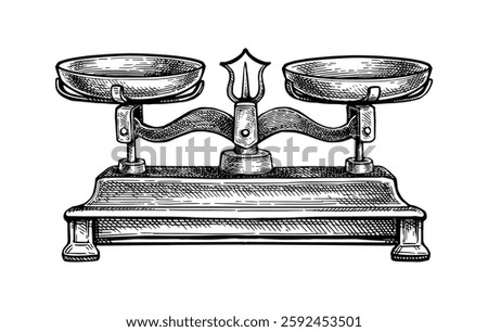 Antique balance scale with brass. Ink sketch. Hand drawn vector illustration. Vintage style.