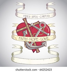 Antique banners with cross, anchor and heart. All objects can be used separately.