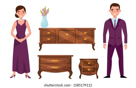 Antique Baroque Furniture Collection, Vintage Interior Details and Family Couple in Elegant Clothes Vector Illustration