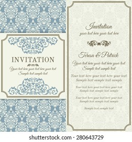 Antique baroque invitation, blue and gold on beige background
