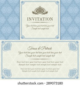 Antique baroque invitation, blue and gold on beige background
