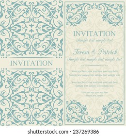 Antique baroque invitation, blue on beige background