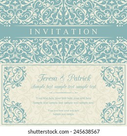 Antique baroque invitation, blue on beige background