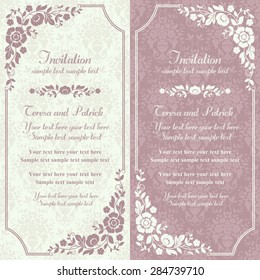 Antique baroque invitation card in old-fashioned style, pink and beige