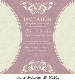 Antique baroque invitation, pink on beige background
