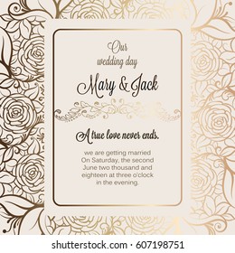 Antique baroque luxury wedding invitation, gold on beige background with frame and place for text, lacy foliage with shiny gradient