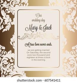 Antique baroque luxury wedding invitation, gold on beige background with frame and place for text, lacy foliage with shiny gradient