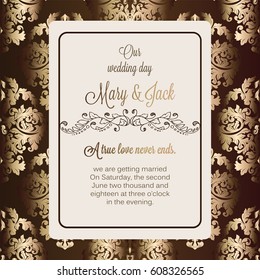 Antique baroque luxury wedding invitation, gold and chocolate brown background with frame and place for text, lacy foliage with shiny gradient