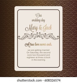Antique baroque luxury wedding invitation, gold and chocolate brown background with frame and place for text, lacy foliage with shiny gradient