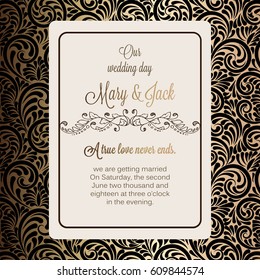 Antique baroque luxury wedding invitation, gold and black brown background with frame and place for text, lacy foliage with shiny gradient