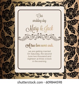 Antique baroque luxury wedding invitation, gold and black brown background with frame and place for text, lacy foliage with shiny gradient