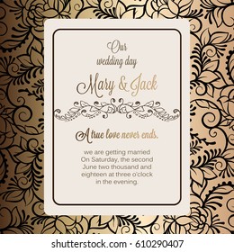 Antique baroque luxury wedding invitation, gold and black brown background with frame and place for text, lacy foliage with shiny gradient