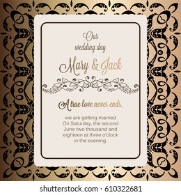 Antique baroque luxury wedding invitation, gold and black brown background with frame and place for text, lacy foliage with shiny gradient