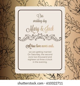 Antique baroque luxury wedding invitation, gold and black brown background with frame and place for text, lacy foliage with shiny gradient