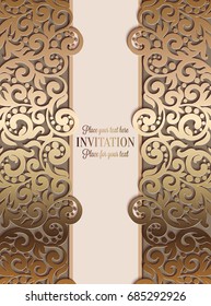 Antique baroque luxury wedding invitation, gold on beige background with frame and place for text, lacy foliage with shiny gradient.