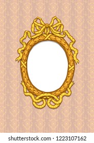 Antique baroque picture frame with laurel wreath and ribbons on pink wallpaper background