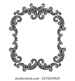 Antique baroque, rococo engraving frame. Hand drawing vintage frame scroll ornament. Ornate border floral retro pattern. Filigree frame, swirl design element. For decoration, print and design.