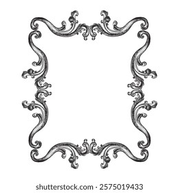 Antique baroque, rococo engraving frame. Hand drawing vintage frame scroll ornament. Ornate border floral retro pattern. Filigree frame, swirl design element. For decoration, print and design.